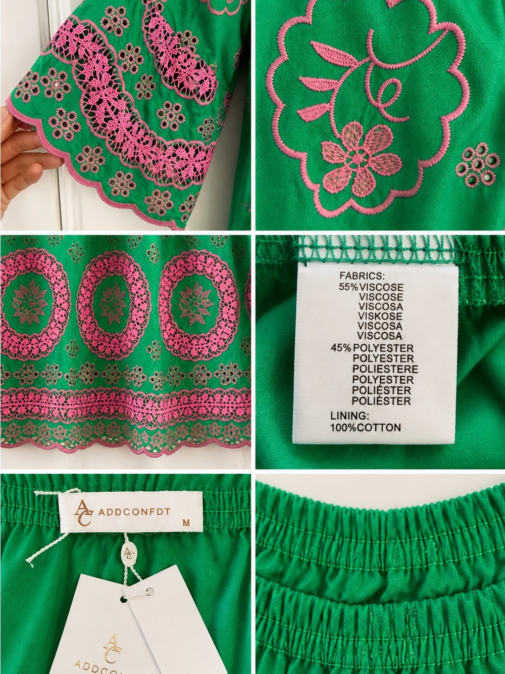 NWT ADDCONFDT Boho Green & Pink Embroidered Midi Dress | Size M 🌿 - Picture 4 of 4
